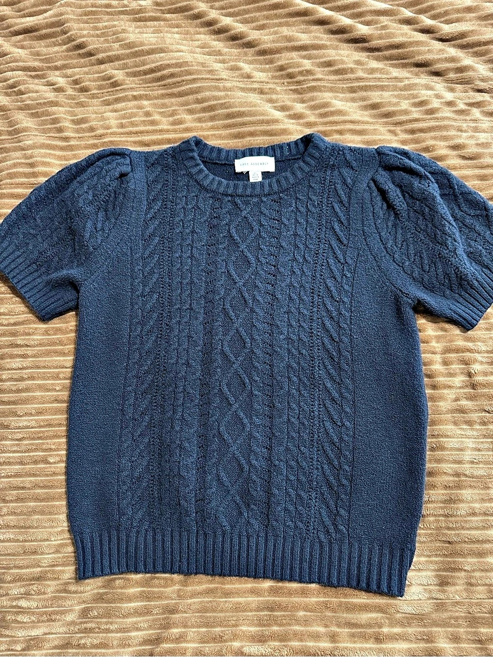 Free Assembly Cable Knit Sweater with Short Puff Sleeves Blue XS